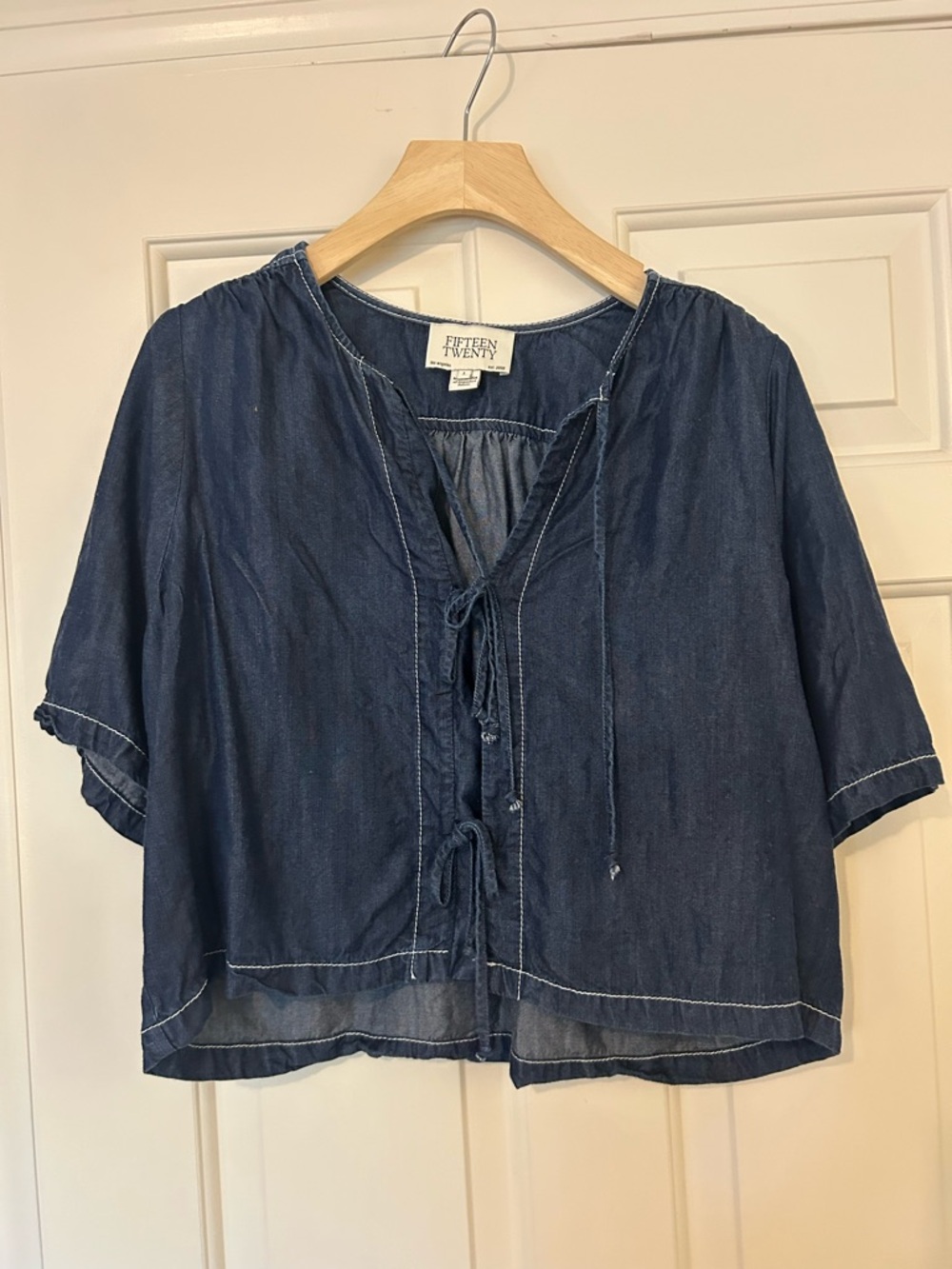 Fifteen Twenty Navy Tie-Front Short Sleeve Denim Blouse
